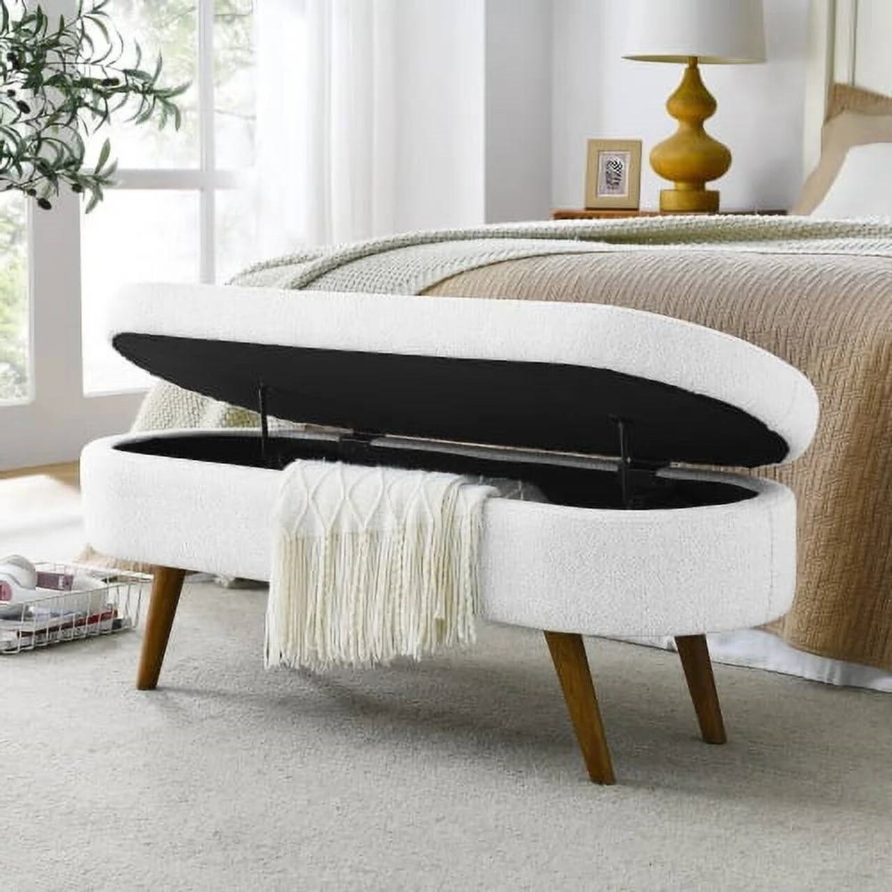 Linen Upholstered Modern Storage Bench with Wood Legs and Flip-Top